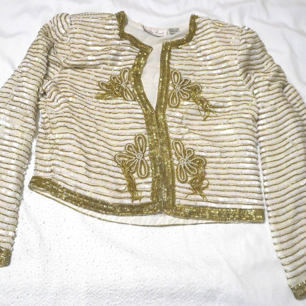 Vintage Women's Laurence Kazar Crop Beaded Jacket with Tassels White & Gold Sz M